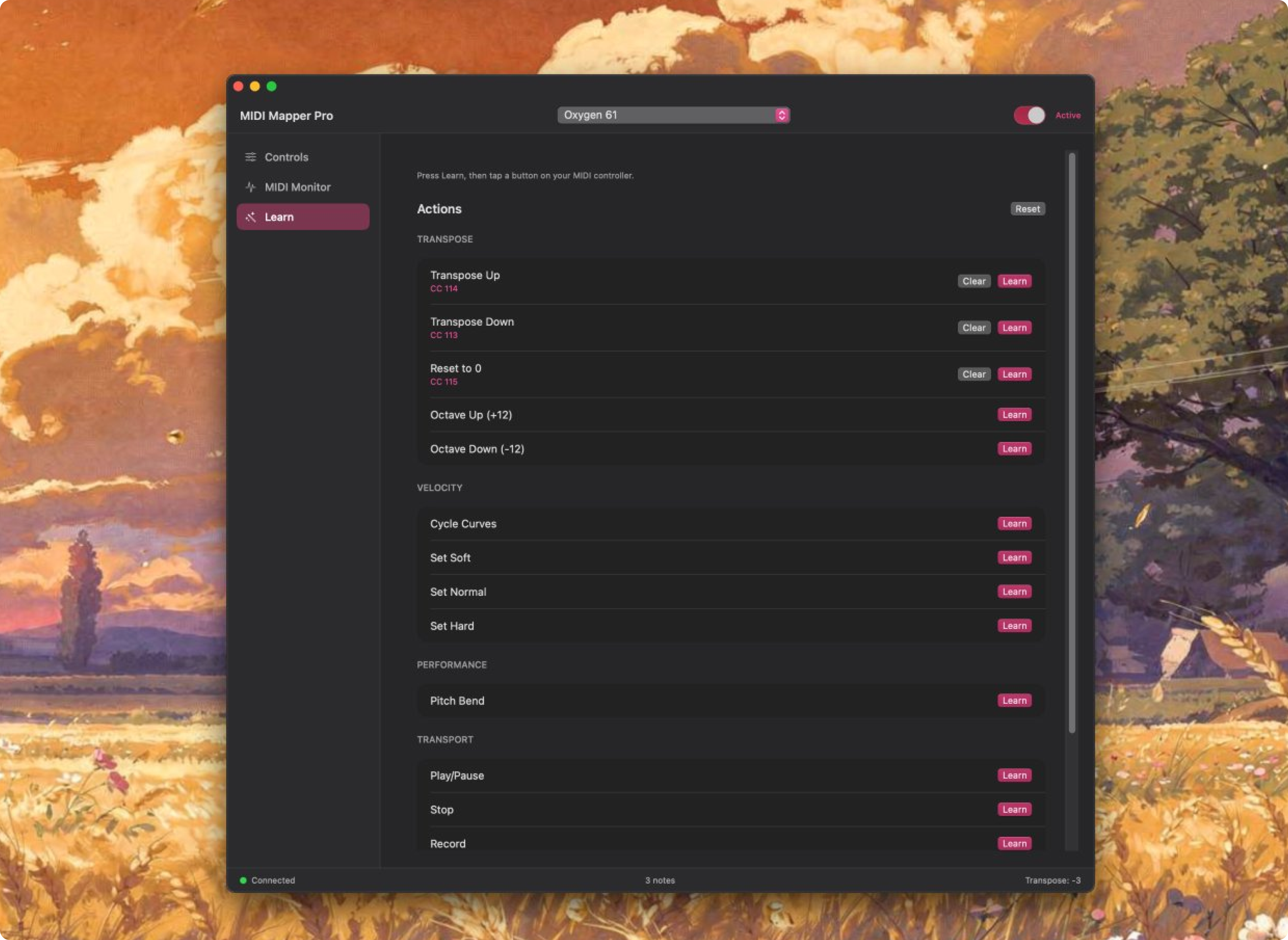 Learn tab showing MIDI button assignments for transpose, velocity, and transport controls